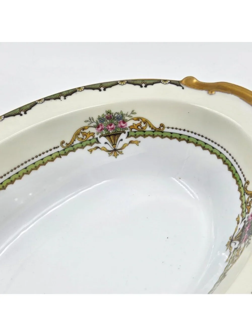 Noritake Penelope Oval Vegetable Bowl Green Border Pink Roses Urn Gold Trim
